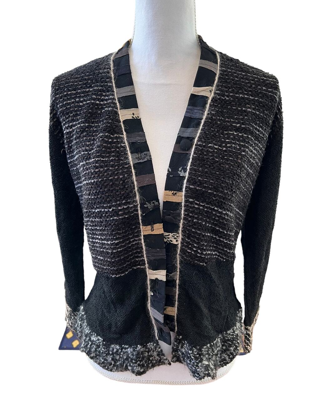 Vintage Staley Gretzinger Hand Knit Wool Mixed Media Cardigan Sweater Black